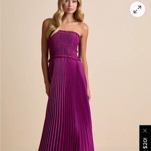 Lulu's Damira Magenta Satin Pleated Strapless Maxi Dress